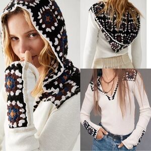 Free People Cream Hooded Crocheted Accent Sweatshirt with Black & Brown Details